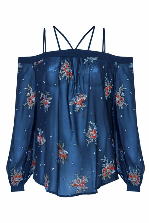 Off Shoulder Embroidery Print Blouse in Teal