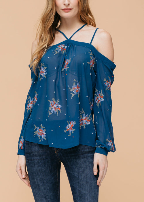 Off Shoulder Embroidery Print Blouse in Teal