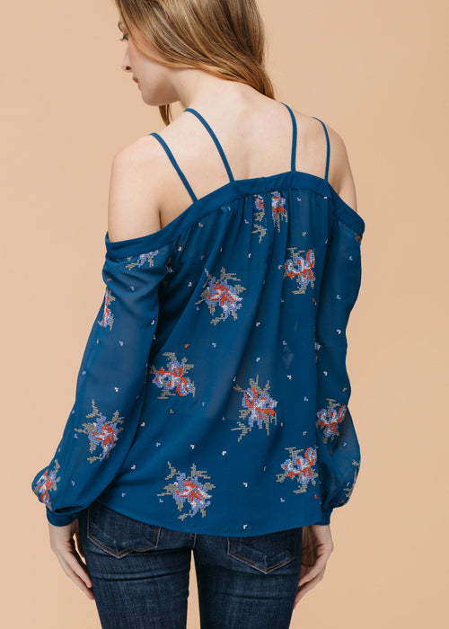 Off Shoulder Embroidery Print Blouse in Teal