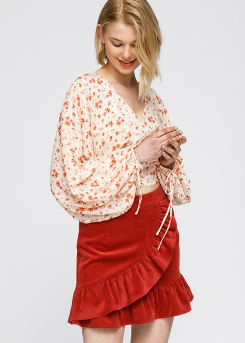 Floral Wrap Front Crop Blouse In Coral Gold