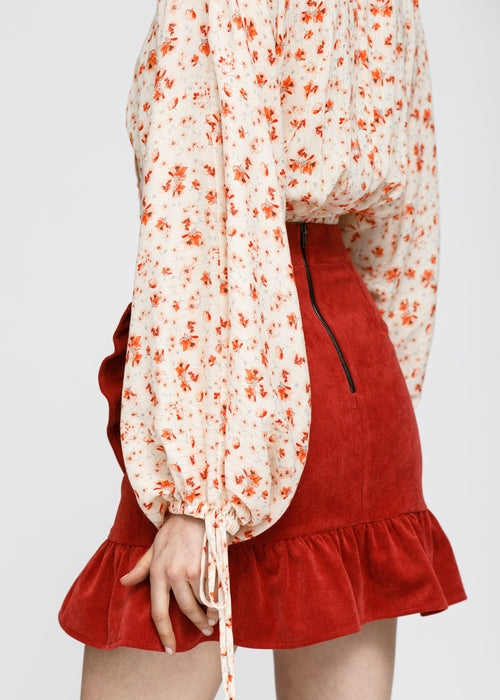 Floral Wrap Front Crop Blouse In Coral Gold