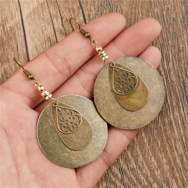 Zinc Alloy Bohemian Vintage Creative Distressed Carved Circle Dangle Earrings