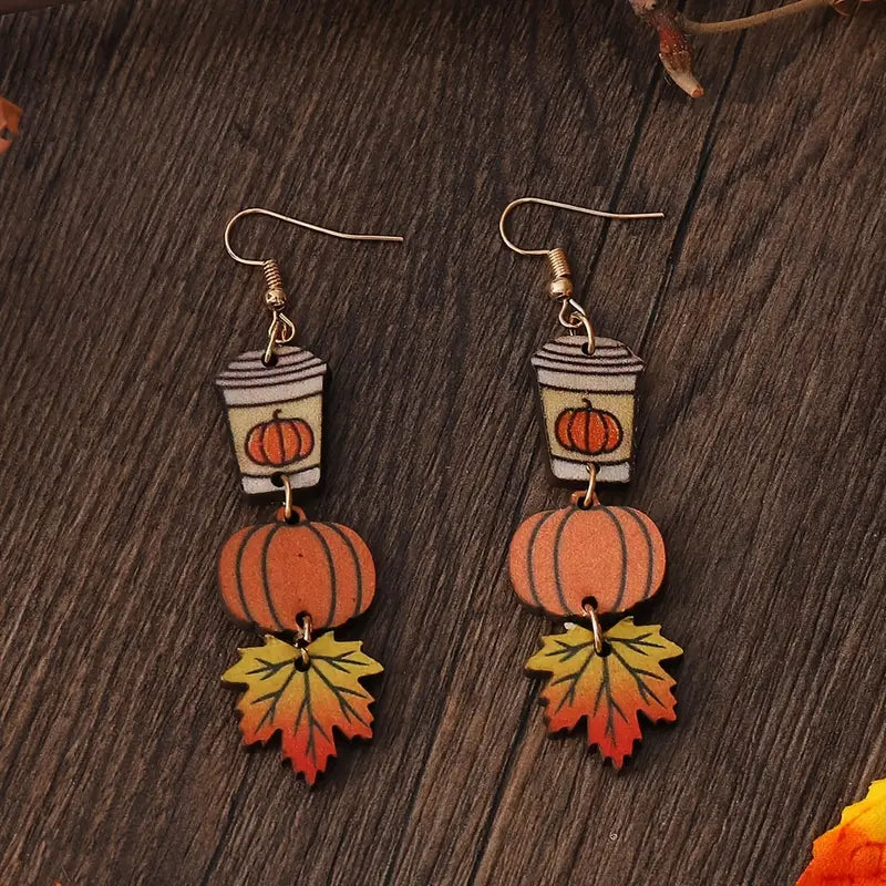 Wooden Maple Leaf Coffee Cup Pumpkin Tassel Earrings