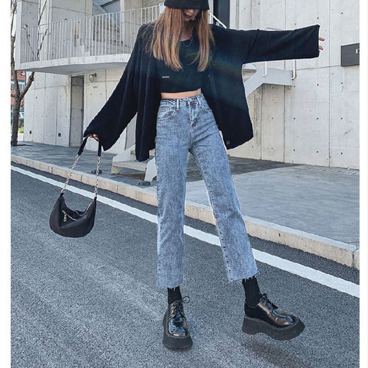 Color: Vintage blue, Size: L - High Waist Slim Black Straight-leg Pants Cropped Jeans