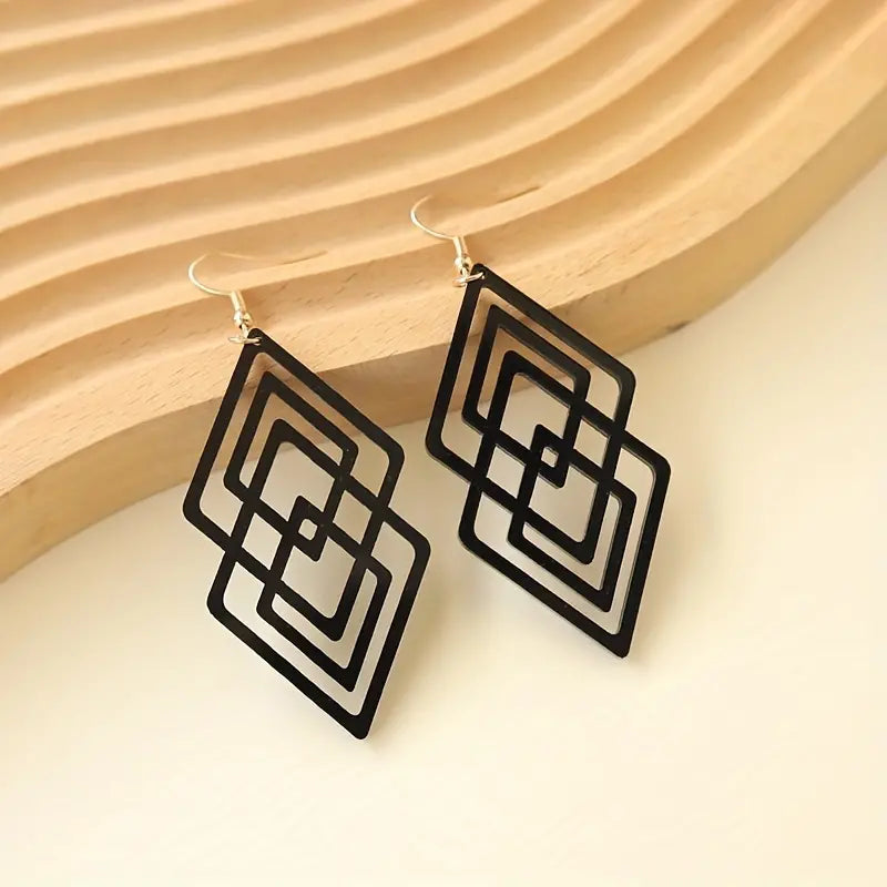 Hollow Rhombus Design Black Dangle Earrings Retro