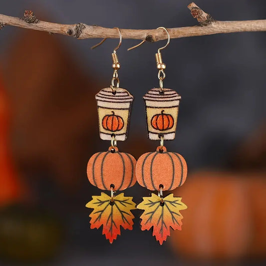 Wooden Maple Leaf Coffee Cup Pumpkin Tassel Earrings