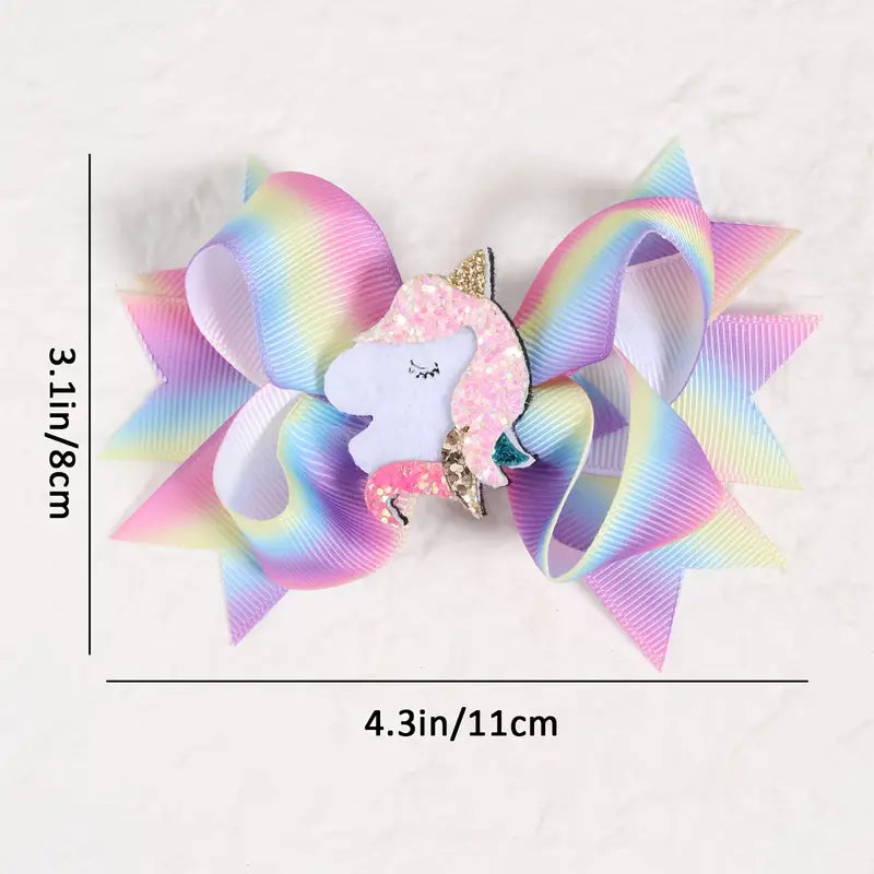 Girls Cute Rainbow Glitter Unicorn Hair Bow Clip