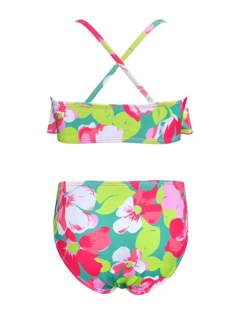 Girls Flowers Print Stretch Bikini Beach Swimsuit