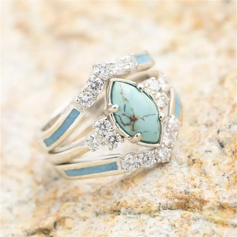 3 Pieces/Set Women's 18K Gold Plated Multilayer Hollow Turquoise Rings