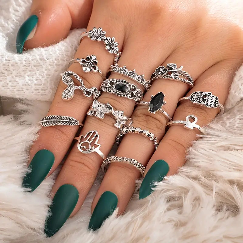 Silver Punk Rings Set European Style 14PCS