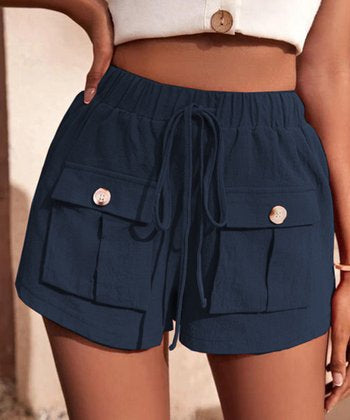 Blue  Drawstring Button-Pocket Shorts - Women