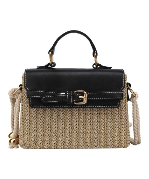 Black & Beige Buckle Straw Satchel