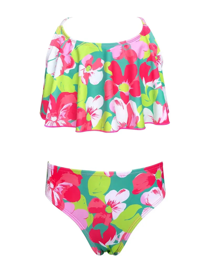 Girls Flowers Print Stretch Bikini Beach Swimsuit